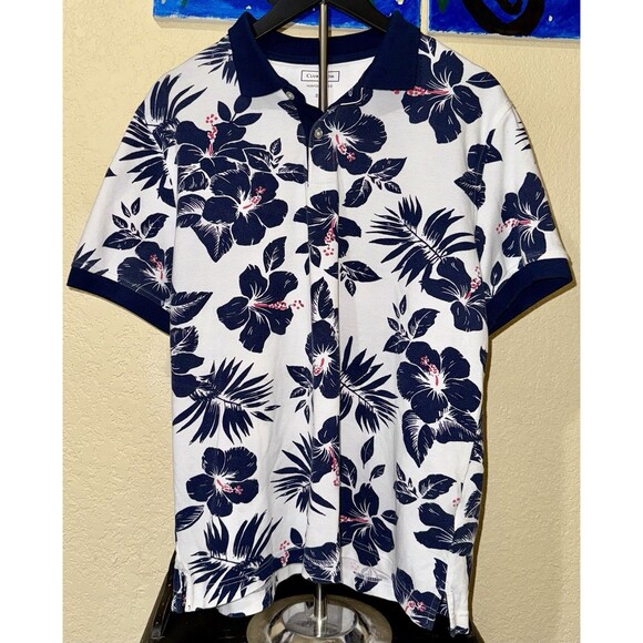 Men’s spring polo shirt Club Room size L white fabrics navy blue large flowers - Picture 1 of 7